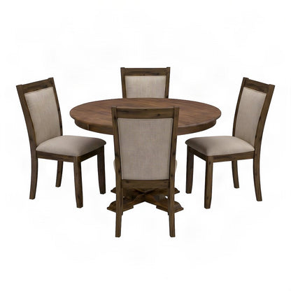 Solid Wood Round Dining Table and Linen Parson Chairs 5 Piece Set