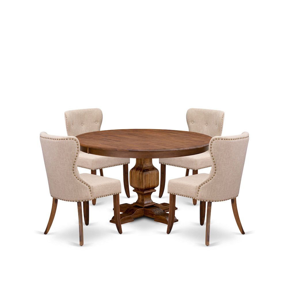 5-Pc Modern Dining Set A Pedestal Dining Table, 4 Light Tan Linen Fabric Chairs