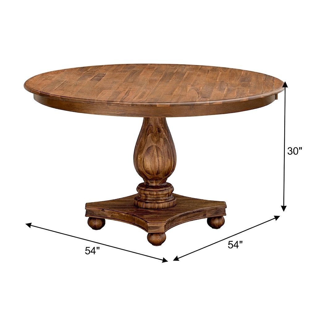 Solid Wood Round Pedestal Dining Table with Distressed Finish, Antique Walnut