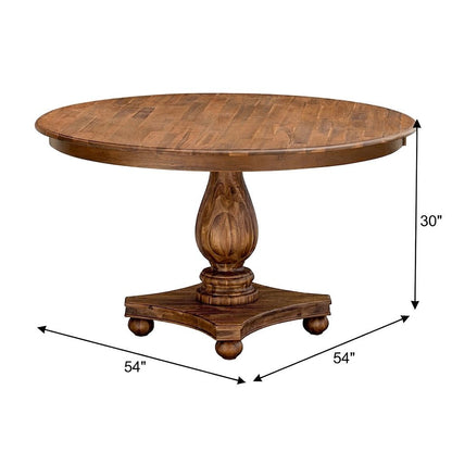 Solid Wood Round Pedestal Dining Table with Distressed Finish, Antique Walnut