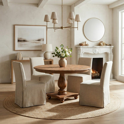 Solid Wood Round Pedestal Dining Table with Distressed Finish, Antique Walnut