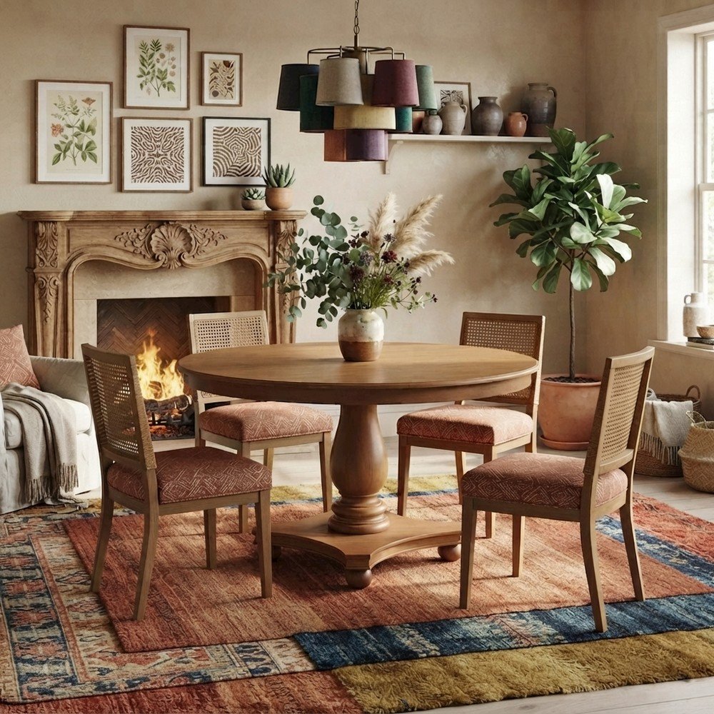 Solid Wood Round Pedestal Dining Table with Distressed Finish, Antique Walnut