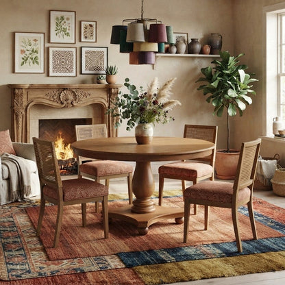 Solid Wood Round Pedestal Dining Table with Distressed Finish, Antique Walnut