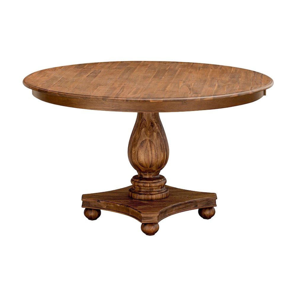 Solid Wood Round Pedestal Dining Table with Distressed Finish, Antique Walnut
