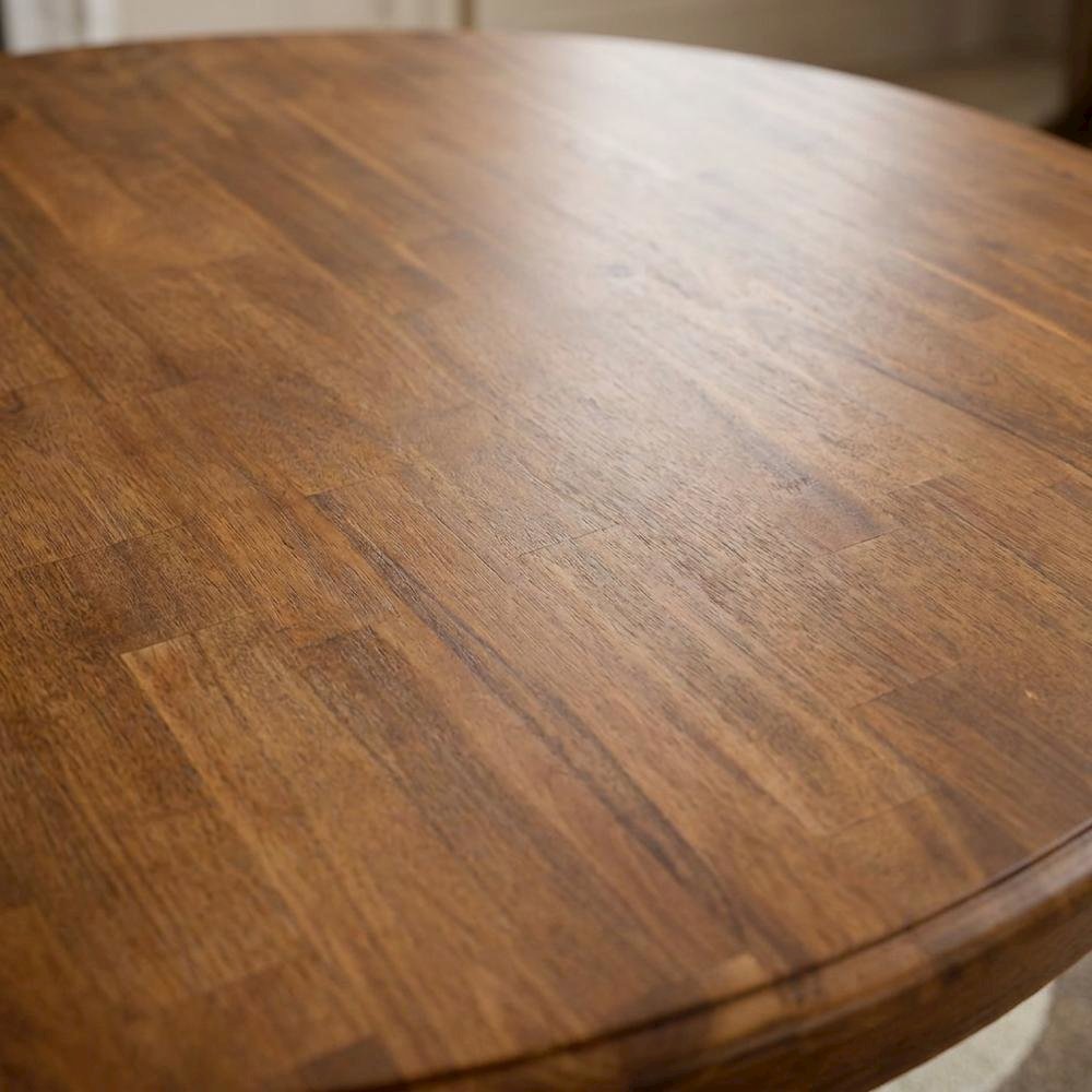 Solid Wood Round Pedestal Dining Table with Distressed Finish, Antique Walnut