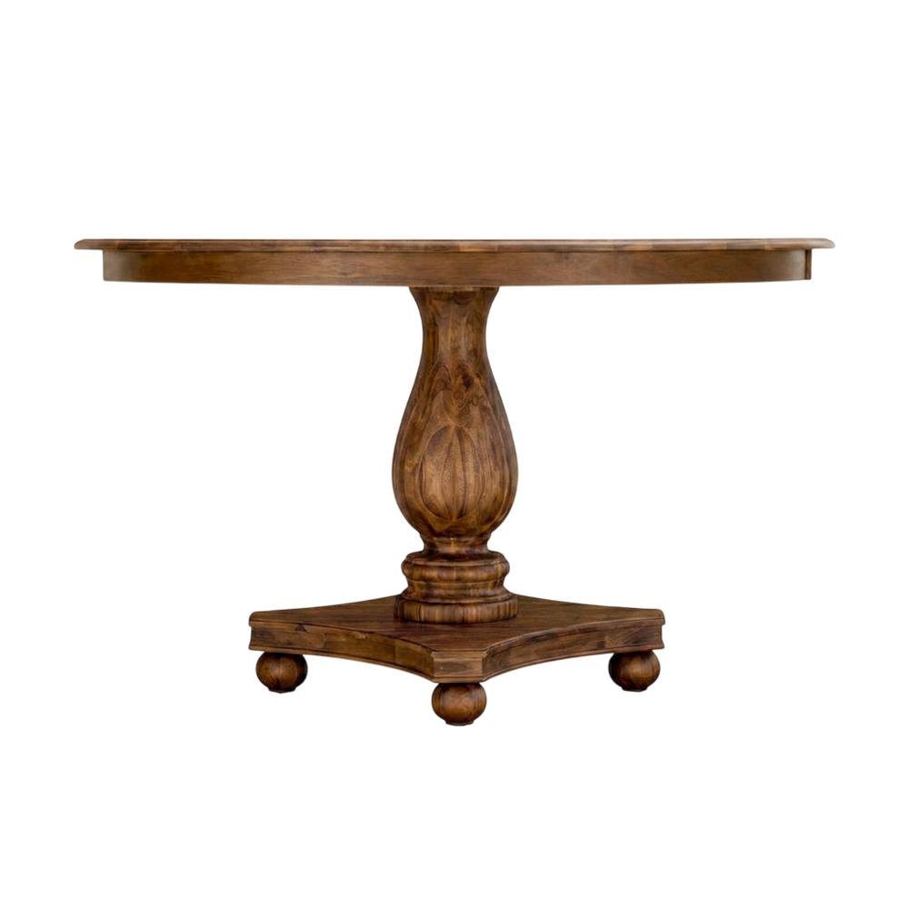 Solid Wood Round Pedestal Dining Table with Distressed Finish, Antique Walnut