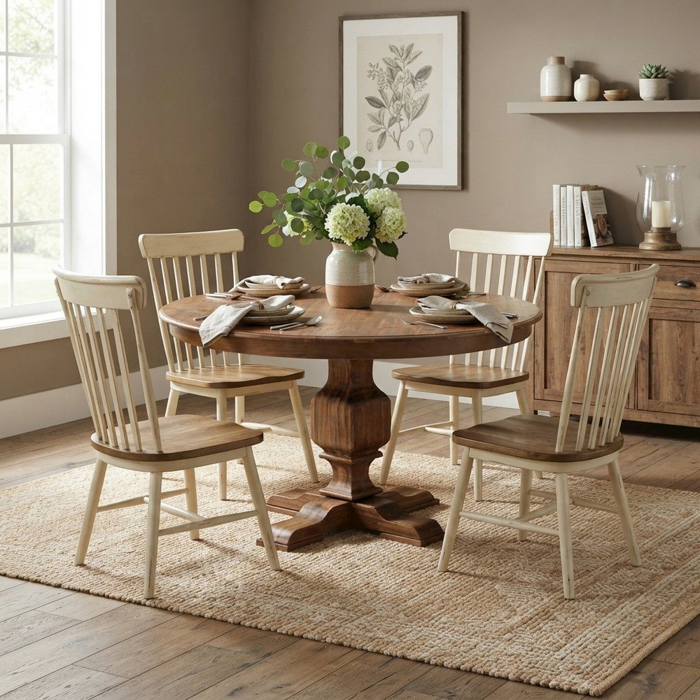 Solid Wood Round Dining Table with Modern Farmhouse Pedestal Base