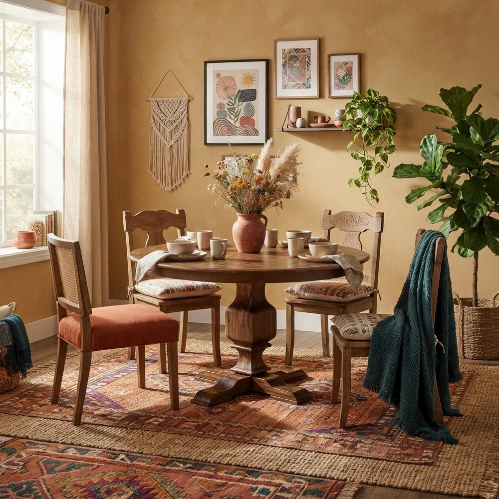 Solid Wood Round Dining Table with Modern Farmhouse Pedestal Base