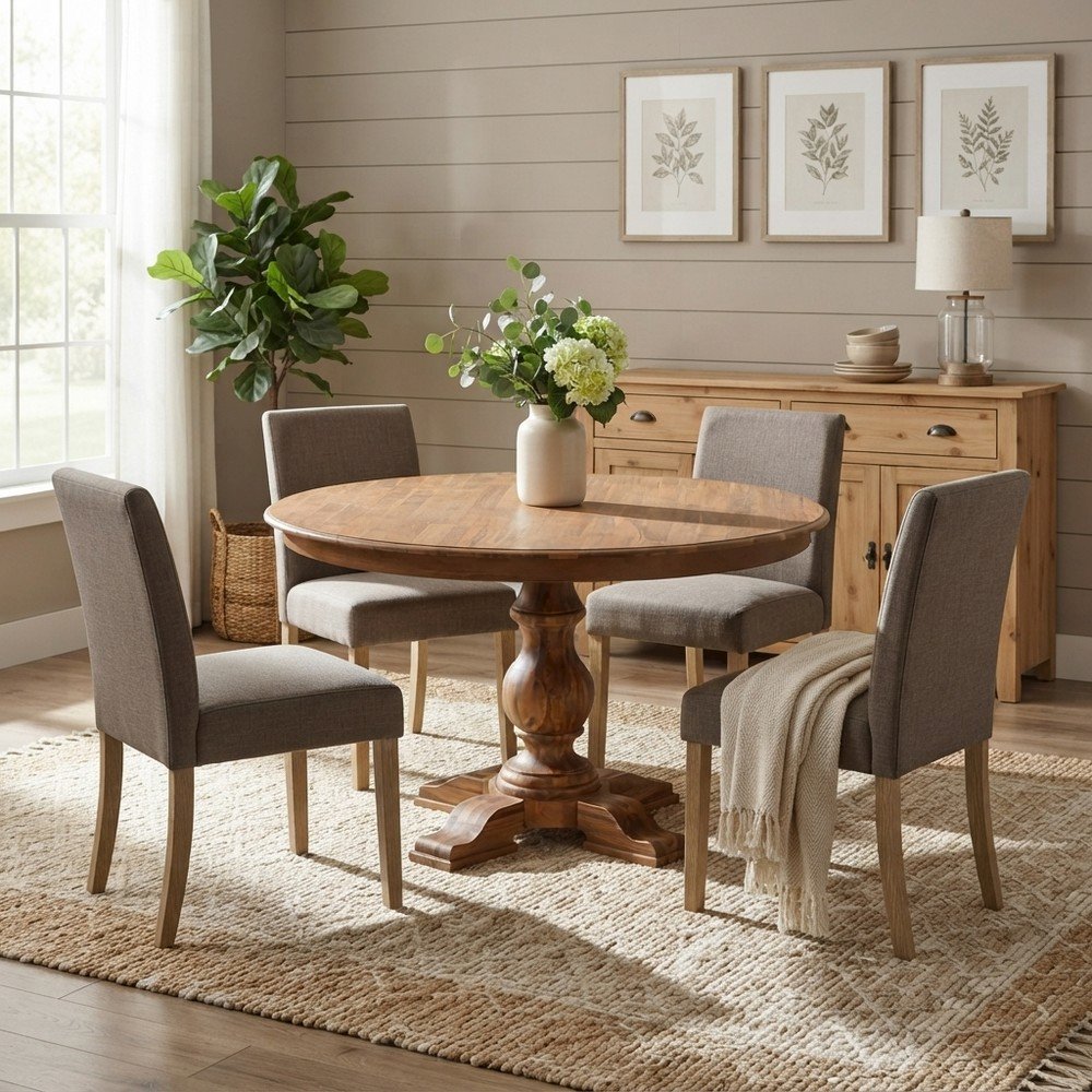 Solid Wood Round Dining Table with Mid-Century Modern Pedestal