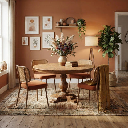 Solid Wood Round Dining Table with Mid-Century Modern Pedestal