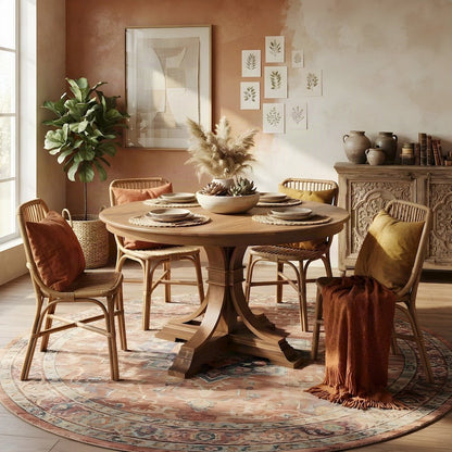 Round Solid Wood Dining Table with Pedestal Base, Circle Kitchen Table