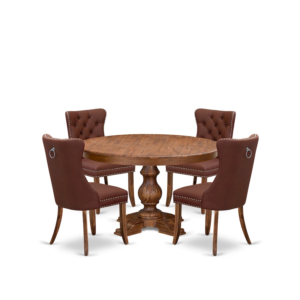 5-Pc Dining Set Contain A Wooden Table And 4 Burgundy Upholstered Dining Chairs