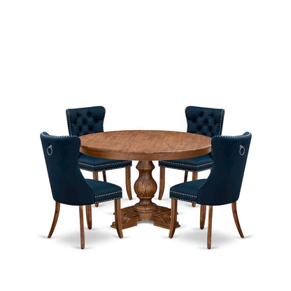 5-Pc Dining Room Table Set Contain A Wooden Kitchen Table And 4 Navy Blue Chairs