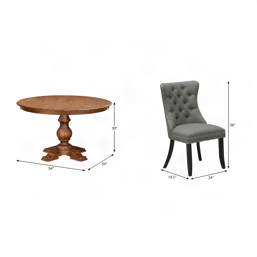 Solid Wood Round Dining Table with Upholstered Chairs 7 Piece Set, Light Gray
