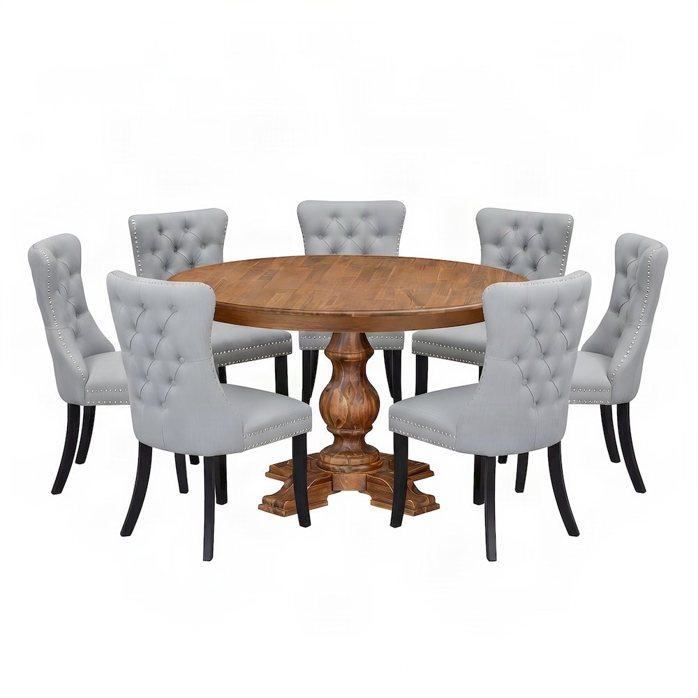 Solid Wood Round Dining Table with Upholstered Chairs 7 Piece Set, Light Gray