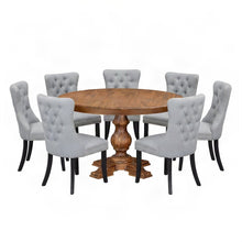 Solid Wood Round Dining Table with Upholstered Chairs 7 Piece Set, Light Gray