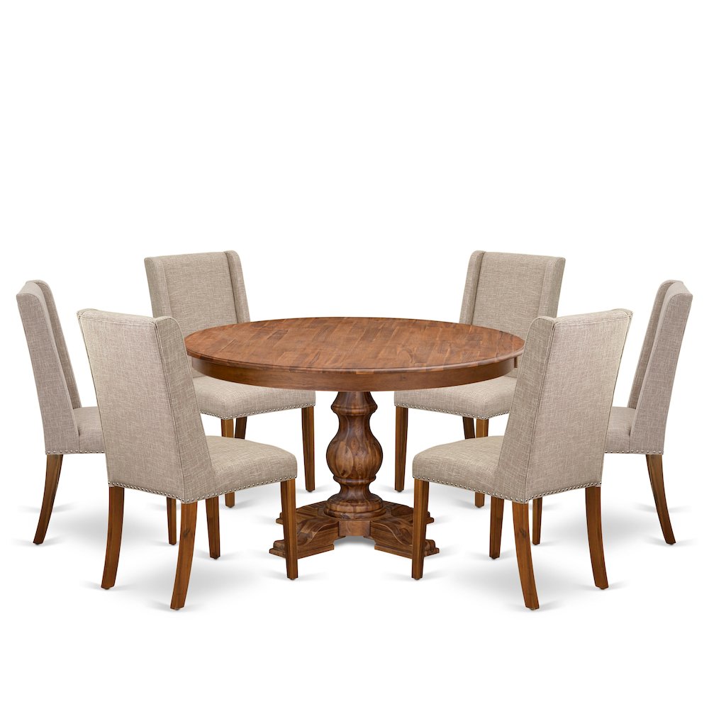 7-Piece Kitchen Table A Wood Table And 6 Light Tan Linen Fabric Dinner Chair