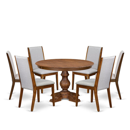 7-Piece Mid Century Dining Table Set Of A Wood Dining Table, 6 Grey Chairs