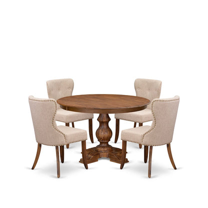 5-Pc Kitchen Set A Pedestal Wooden Table, 4 Light Tan Fabric Kitchen Chairs