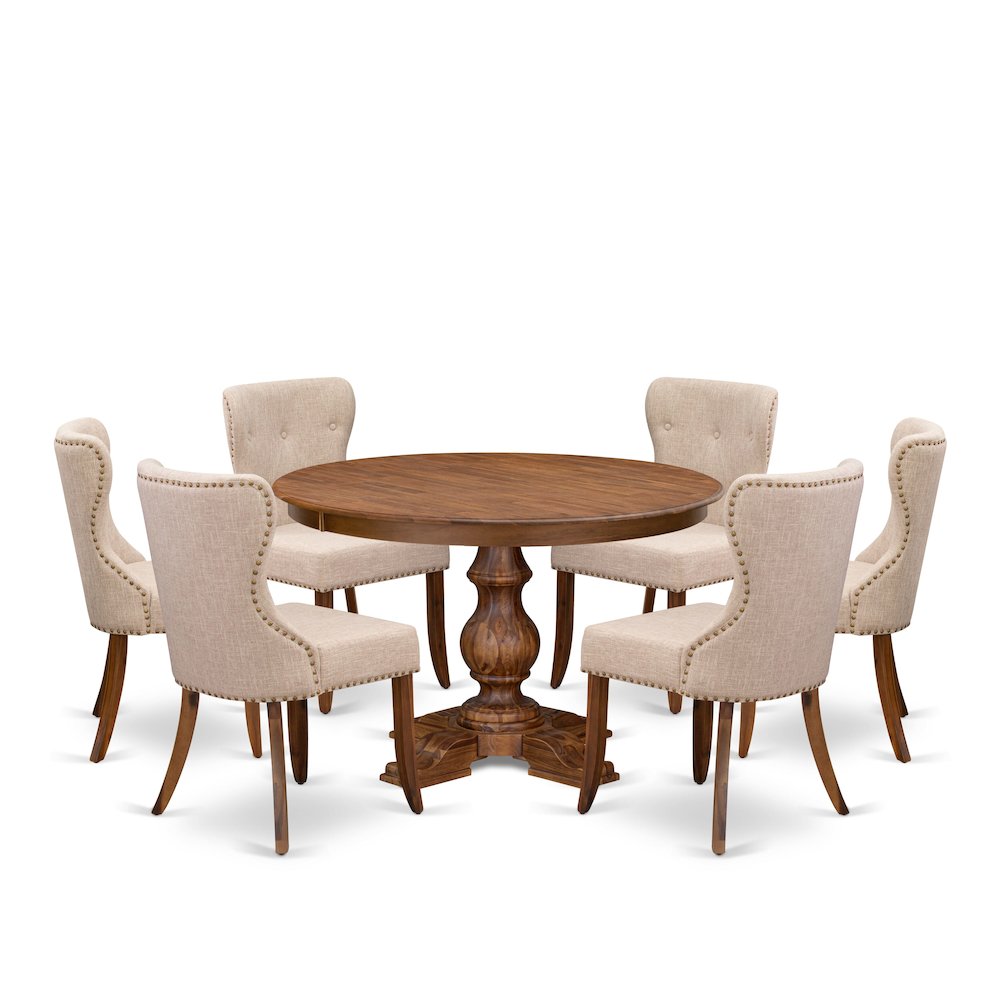 7-Pc Kitchen Set Of A Pedestal Dining Table, 6 Light Tan Fabric Kitchen Chairs