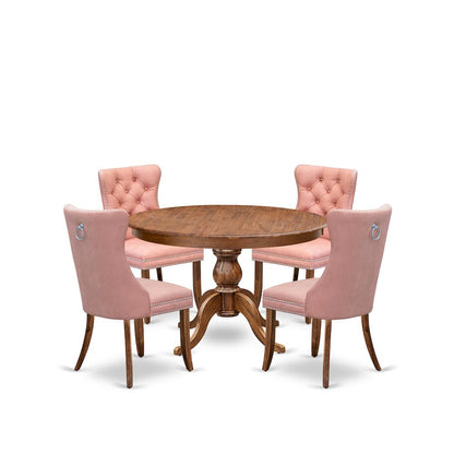 5-Pc Dinner Table Set Consist A Wood Dining Table And 4 Beige Red Parson Chairs