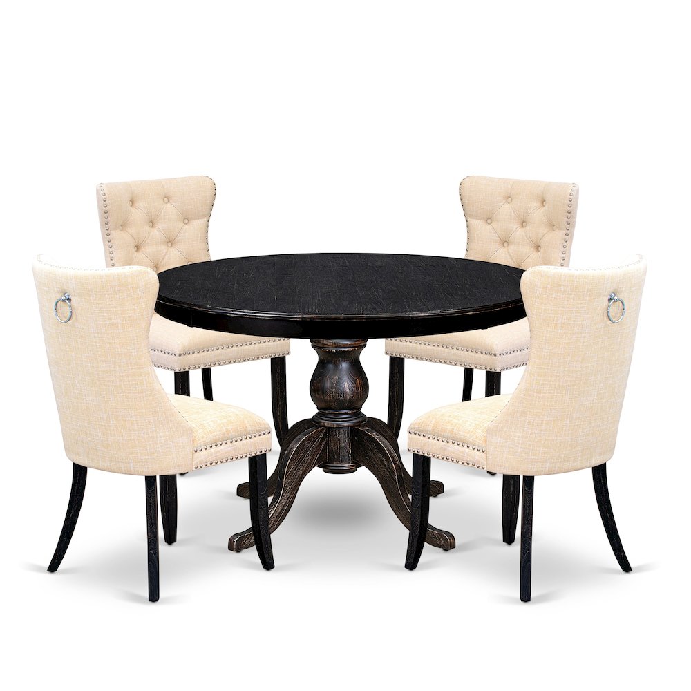 5-Pc Dining Rom Set A Modern Table, 4 Light Beige Linen Fabric Dining Chairs