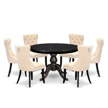 7-Piece Dining A Dining Table And 6 Light Beige Linen Fabric Parsons Chairs