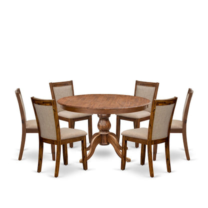 7-Pc Modern Dining Set Of A Pedestal Dining Table, 6 Light Tan Parson Chairs