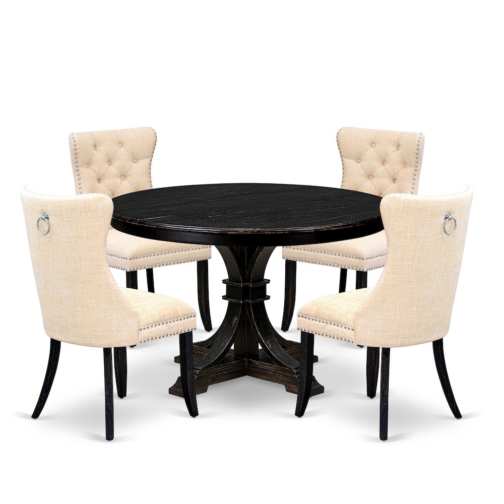 5-Piece Kitchen Set Of A Wood Table, 4 Light Beige Linen Fabric Dining Chair