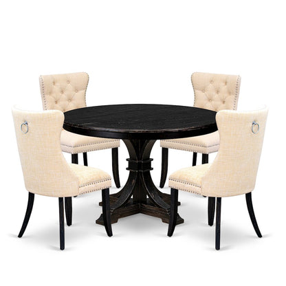 5-Piece Kitchen Set Of A Wood Table, 4 Light Beige Linen Fabric Dining Chair