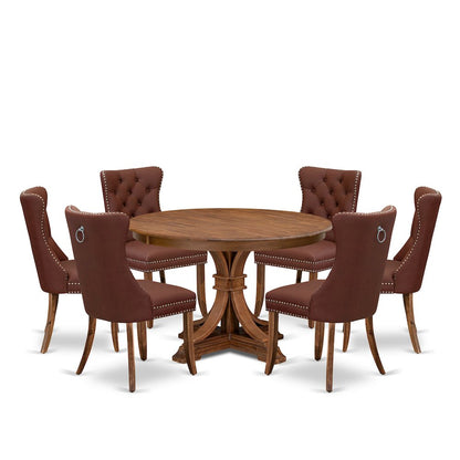 7-Pc Modern Set Consist A Mid Century Dining Table And 6 Burgundy Parson Chairs