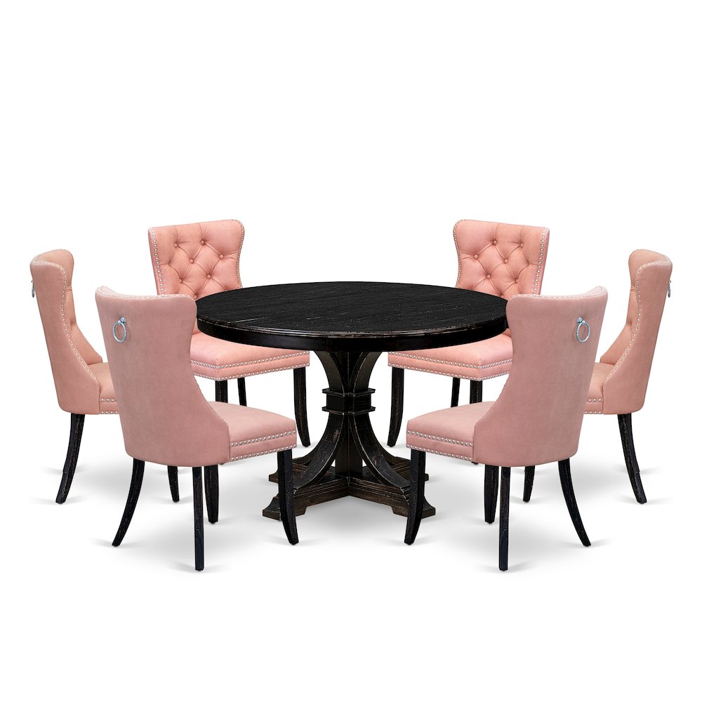 7 Piece Dining Set Consists Of 48" Round Table In Beige Red Color