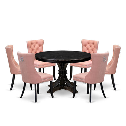 7 Piece Dining Set Consists Of 48" Round Table In Beige Red Color