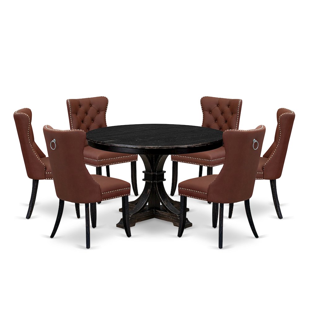 7 Piece Dining Table Set Consists Of 48" Round Table In Burgandy Color