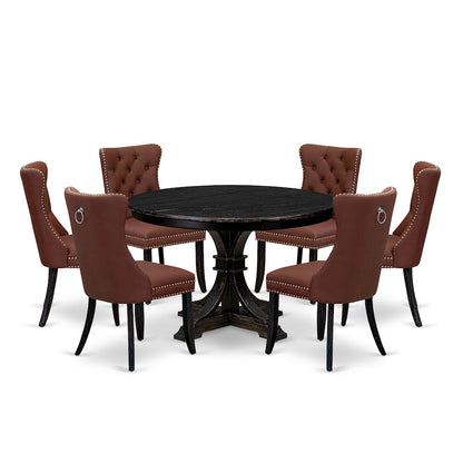 7 Piece Dining Table Set Consists Of 48" Round Table In Burgandy Color