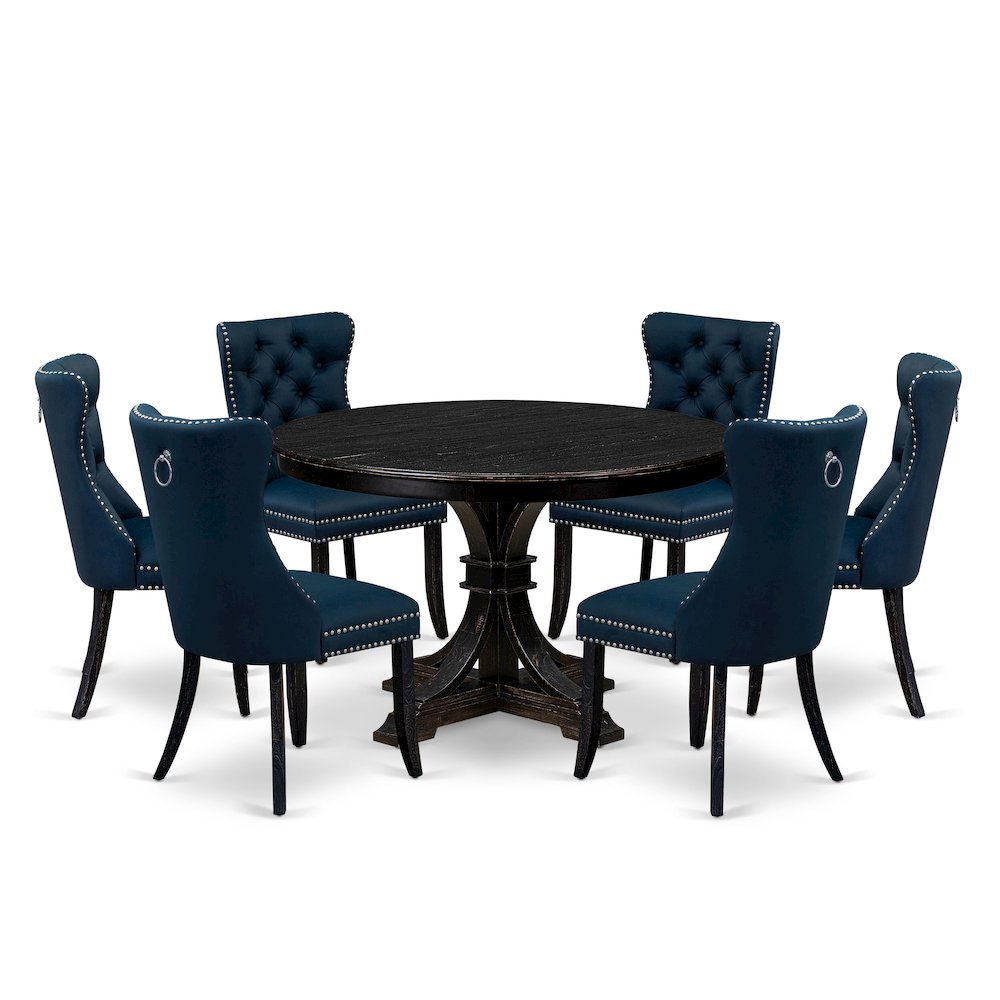 7 Piece Dining Table Set Includes 48" Round Table In Navy Blue Color