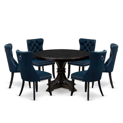 7 Piece Dining Table Set Includes 48" Round Table In Navy Blue Color