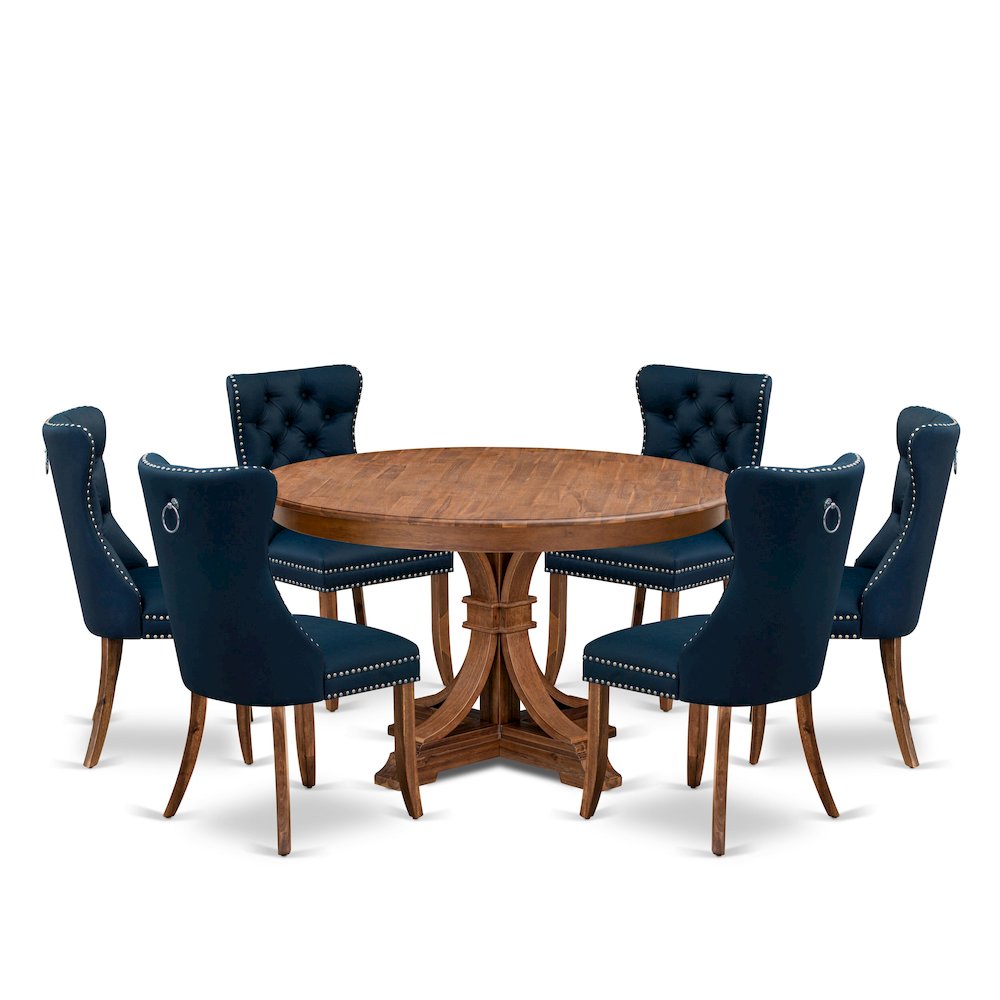 7-Pc Dining Room Set Contain A Dining Room Table And 6 Navy Blue Padded Chairs