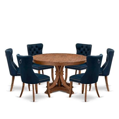 7-Pc Dining Room Set Contain A Dining Room Table And 6 Navy Blue Padded Chairs
