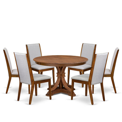 7-Piece Dining Room Set A Modern Table, 6 Grey Linen Fabric Dining Chairs
