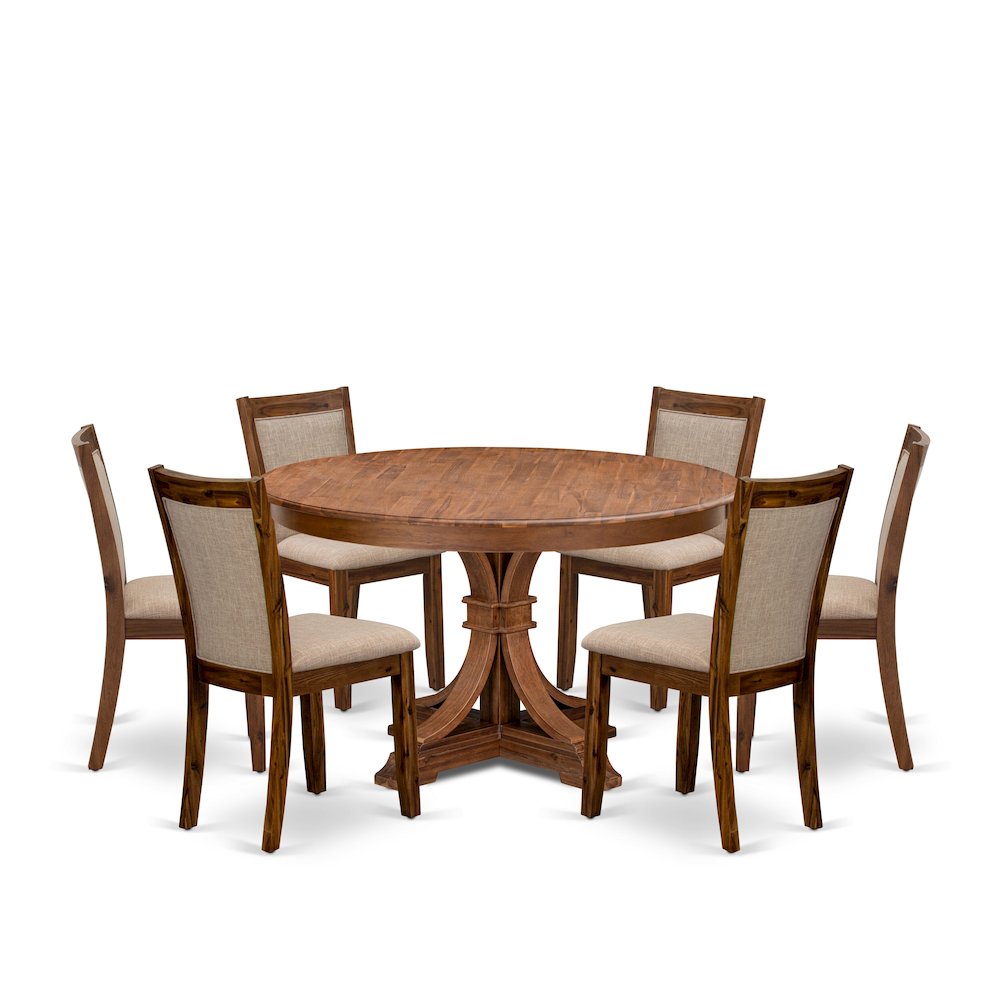 7-Pc Kitchen Table Set Of A Pedestal Kitchen Table, 6 Light Tan Fabric Chairs