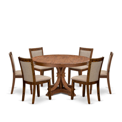 7-Pc Kitchen Table Set Of A Pedestal Kitchen Table, 6 Light Tan Fabric Chairs