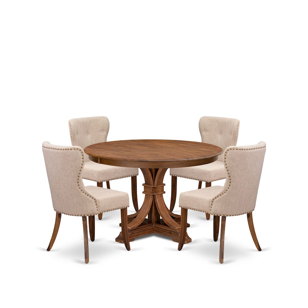 5-Pc Kitchen Set A Pedestal Wooden Round Table, 4 Light Tan Fabric Padded Chairs