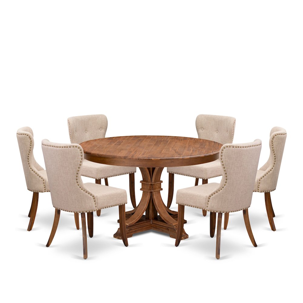 7-Pc Dining Set Of A Pedestal Kitchen Table, 6 Light Tan Fabric Parson Chairs