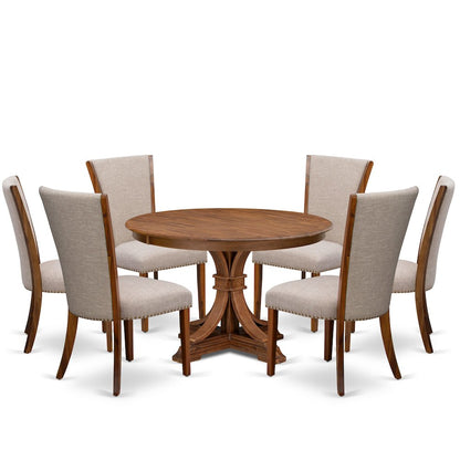 7 Piece Dinette Set Consists Of 48" Round Dining Table In Light Tan Color