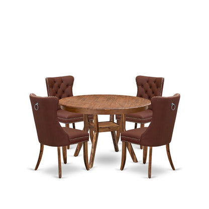 5-Pc Mid Century Dining Set Contain A Table And 4 Burgundy Upholstered Chairs