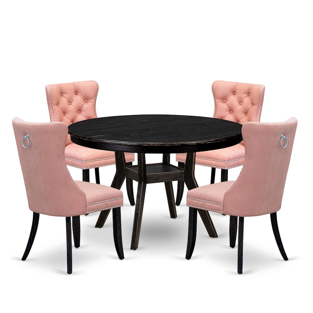 5 Piece Dining Set For 4 Contains 48" Round Table In Beige Red Color