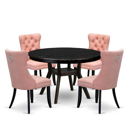 5 Piece Dining Set For 4 Contains 48" Round Table In Beige Red Color
