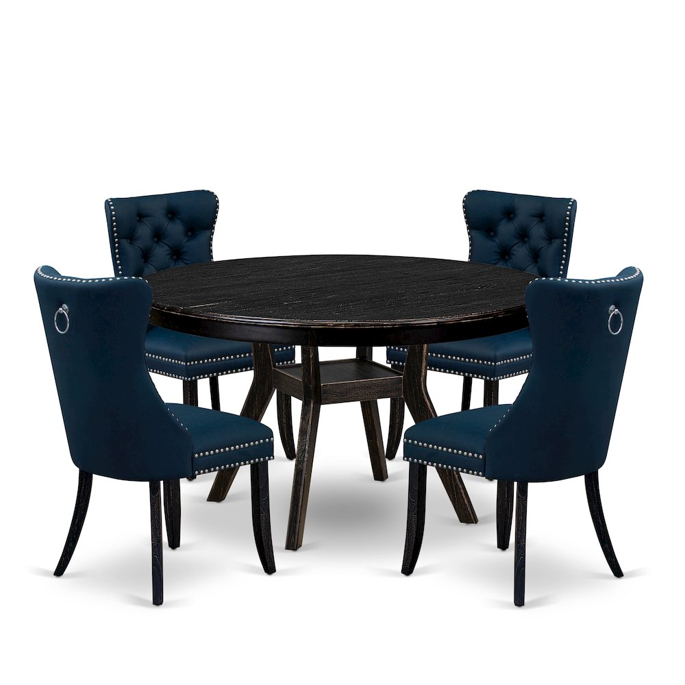 5 Piece Dining Table Set Consists Of 54" Round Table In Navy Blue Color