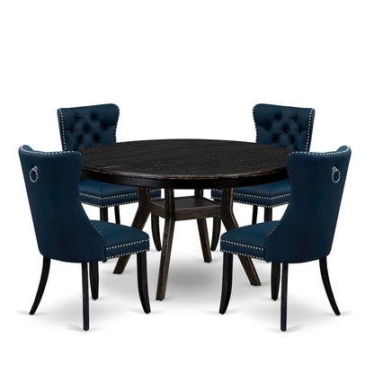 5 Piece Dining Table Set Consists Of 54" Round Table In Navy Blue Color